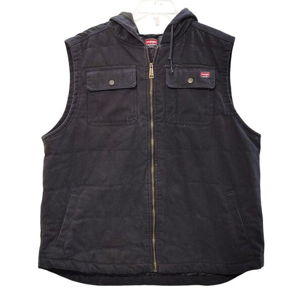 Wrangler Workwear Full Zip Denim Vest Jacket Hooded Pockets Black Mens 2XL - Picture 1 of 4
